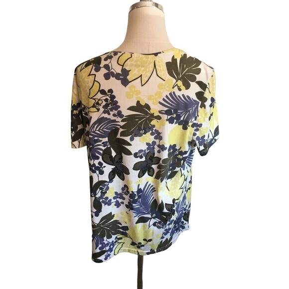 Hot Cotton Size XL Top Green Short Sleeve Plant Print Lagenlook Yellow Blue - Picture 2 of 5